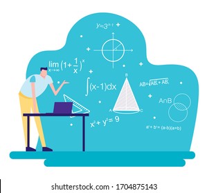 Higher Education in University or College. Cartoon vector flat illustration people learning mathematic with mathematic item and element