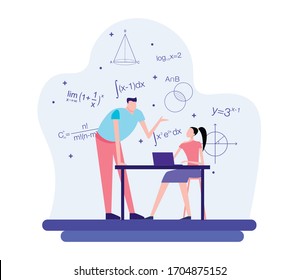 Higher Education in University or College. Cartoon vector flat illustration people learning mathematic with mathematic item and element