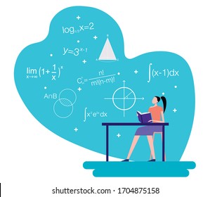 Higher Education in University or College. Cartoon vector flat illustration people learning mathematic with mathematic item and element