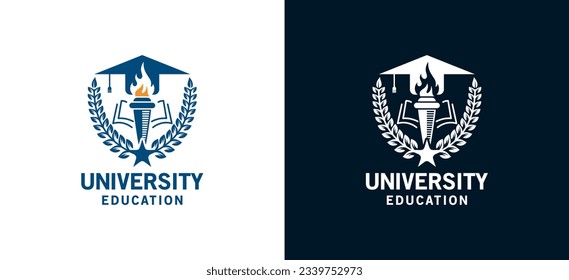 Diseño del logo del emblema de la universidad de educación superior usando el símbolo de antorcha, libro y gorra de graduación