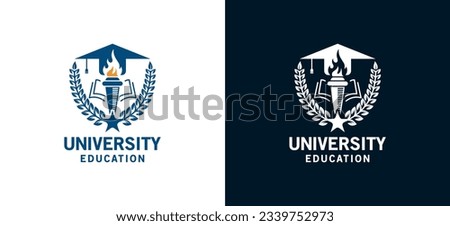 Higher education university emblem logo design using torch, book and graduation cap symbol