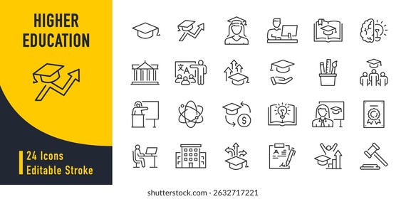Higher Education web icons in line style. Universities, teaching, professor, study collection. Vector illustration.