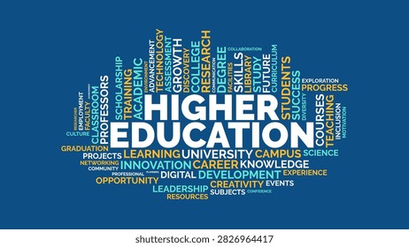 Higher Education Word Cloud Concept Vector Illustration on Blue Background