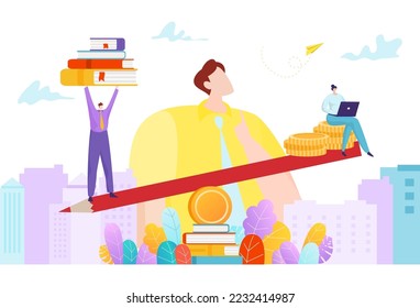Higher educational institution, tiny character people together balance between learning and finance flat vector illustration.
