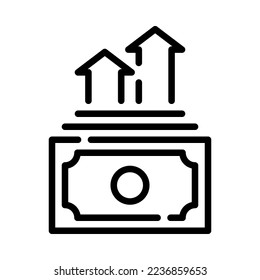 Icono de depósito de mayor interés. Dólar con flecha hacia arriba. Aumentar las ganancias y la riqueza. Mayores intereses de los depósitos. Para presentación de negocios y pagos. Ilustración vectorial.