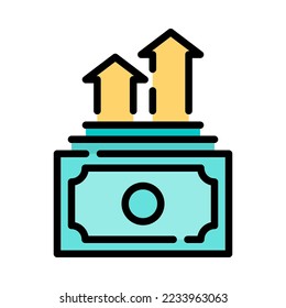 Higher interest deposit icon. Filled outline design. Dollar with upward arrow. Increase profits and wealth. Higher deposit interest. For business and payments presentation. Vector Illustration.