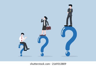 Higher job position, more problems to be responsible, career growth with bigger challenge concept. Businesspersons with different job position levels standing or sitting on their question marks.