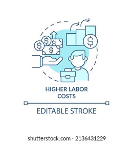 Higher labor costs turquoise concept icon. Worker benefits. Macro economy trends abstract idea thin line illustration. Isolated outline drawing. Editable stroke. Arial, Myriad Pro-Bold fonts used