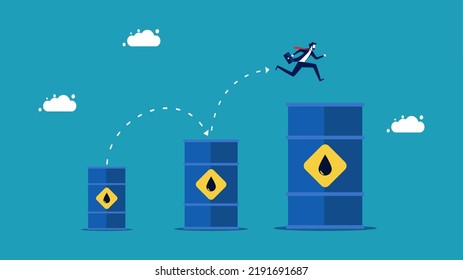 Higher oil prices. Businessman running on a growing oil tank. vector