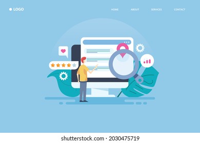 Higher SEO ranking, Search engine result page, SEO marketing - flat design vector illustration template with character and icons