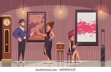 Higher society flat composition with rich man demonstrated his art collection to young women in evening dresses vector illustration