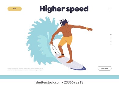 Higher speed on surf board landing page website template for surfing club training class or course