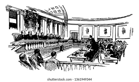 El más alto tribunal federal de los Estados Unidos, compuesto por un presidente de la Corte Suprema y ocho magistrados, vintage line Drawing.