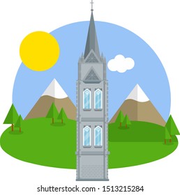 Highest tower. European old landmark. Element of the castle. Spire and stained glass. Part of building. Cartoon flat illustration. Green landscape.