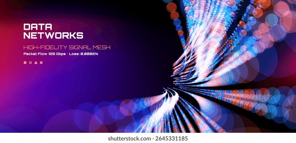 High-fidelity signal mesh representation. Data networks visualization with flowing lines of light dots. Tech science vector illustration. Vector graphics. 