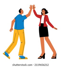 High-five. Young man and woman giving high-five and smiling. Flat design success and cooperation vector concept.