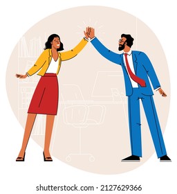 High-five. Young man and woman giving high-five and smiling. Flat design success and cooperation vector concept.