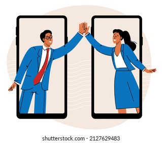 High-five. Young man and woman giving high-five and smiling. Concept vector illustration of two friends giving a high-five on smartphones in the chat messenger vector concept.