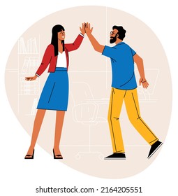 High-five. Young man and woman giving high-five and smiling. Flat design success and cooperation vector concept.