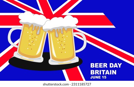 High-fiving 2 pints of beer against the background of the British flag commemorating Beer Day Britain June 15
