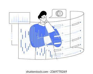 High-frequency trading abstract concept vector illustration. Confident trader monitoring numbers and graphs, analyze and act on data, algorithmic trading, quantum computing abstract metaphor.