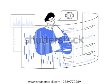 High-frequency trading abstract concept vector illustration. Confident trader monitoring numbers and graphs, analyze and act on data, algorithmic trading, quantum computing abstract metaphor.