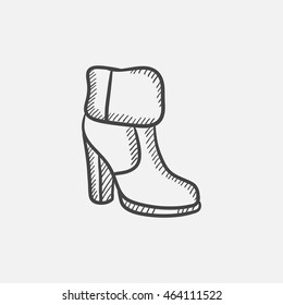 High-heeled ankle boot with fur sketch icon set for web, mobile and infographics. Hand drawn vector isolated icon.