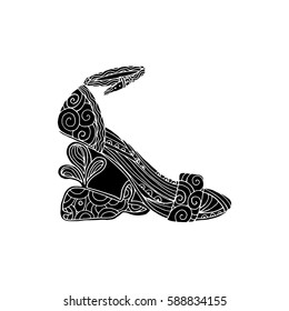 High-heeled black silhouette shoes for woman. Fashion footwear artwork. Isolated clipart for coloring book pages design