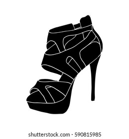 High-heeled black silhouette shoes for woman. Fashion footwear artwork. Isolated clipart for coloring book pages design