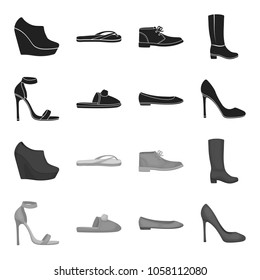 Hochhackige Sandalen, hausgemachte Lila-Hausschuhe mit Pompon, rosafarbene Ballettwohnung, braune, hochhackige Schuhe. Shoes set collection icons in black, monochrome style vektorsymbol stock illustration