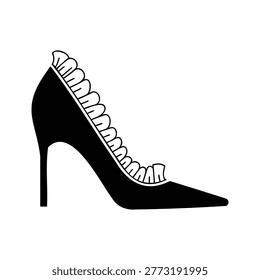 Highheeled shoe with ruffled trim on white background