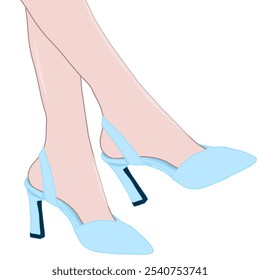 High-heeled shoes with model's feet. Blue High-heeled.