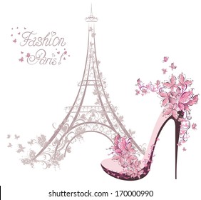 High-heeled shoes on the background of the Eiffel Tower. Paris Fashion