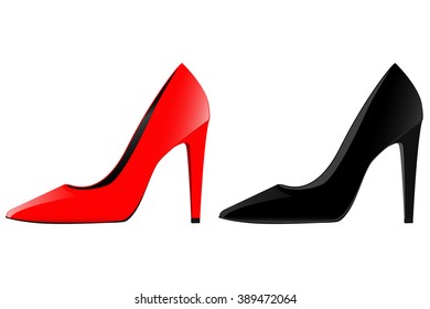 High-heeled shoes. Red and black. Vector isolated on white background. Illustration.