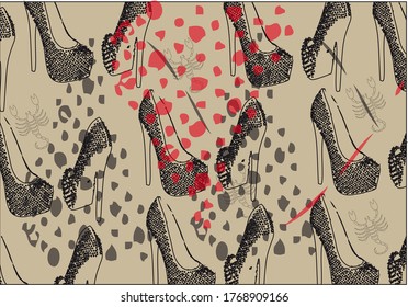 High-heeled shoes, scorpions, beige background. Contemporary trendy vector illustration. Pattern, Wallpaper