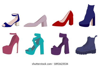  High-heeled Shoes Set. Flat Vector Illustration. Women's High-Heeled Shoes