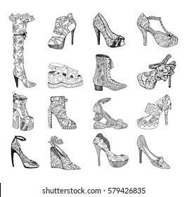 High-heeled shoes set for woman. Fashion footwear artwork in zentangle style pattern fill. Isolated clipart for coloring book pages design