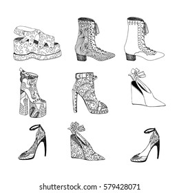 High-heeled shoes set for woman. Fashion footwear artwork in zentangle style pattern fill. Isolated clipart for coloring book pages design