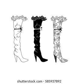 High-heeled shoes set for woman. Fashion footwear artwork in zenshoe style pattern fill. Isolated clipart for coloring book pages design