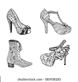 High-heeled shoes set for woman. Fashion footwear artwork in blackblack style pattern fill. Isolated clipart for coloring book pages design