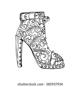 High-heeled shoes for woman. Fashion footwear artwork in zenshoe style pattern fill. Isolated clipart for coloring book pages design