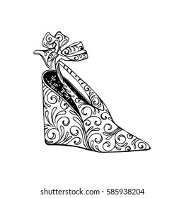 High-heeled shoes for woman. Fashion footwear artwork in zenshoe style pattern fill. Isolated clipart for coloring book pages design