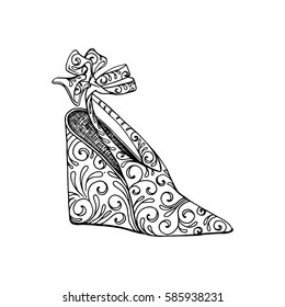 High-heeled shoes for woman. Fashion footwear artwork in zenshoe style pattern fill. Isolated clipart for coloring book pages design