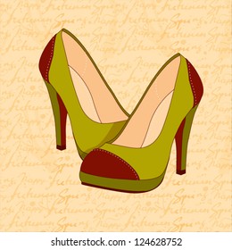 a high-heeled vintage green shoes with hand draw text pattern