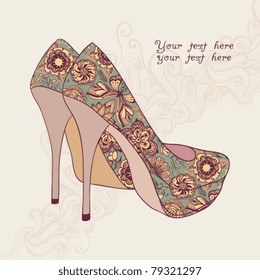 A high-heeled vintage shoes with flowers fabric. High heels background with place for you text