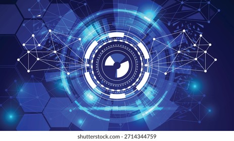 High-impact dark blue background featuring a large, glowing central head-up display (HUD) surrounded by interconnected white network nodes, representing data security, processing, and powerful connection