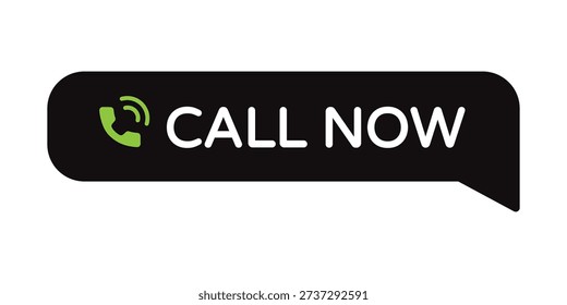 A high-impact digital call-to-action (CTA) asset designed in an inverted speech bubble format for superior visibility. The design features a solid black message bubble background with a vibrant lime-green telephone handset icon on the left, followed by the text Call Now in clean white sans-serif typography. This professional vector graphic is optimized for use in dark mode interfaces, mobile app contact sections, and digital promotional banners to drive immediate customer engagement and conversion.