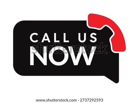 A high-impact speech-bubble-style digital call-to-action (CTA) icon designed for dark mode interfaces or high-contrast marketing layouts. The design features a solid black message bubble background with a vibrant red telephone handset symbol integrated into the upper right corner. The central Call Us Now text is displayed in clean white sans-serif typography for maximum readability. This professional vector asset is ideal for website headers, mobile app contact sections, and digital promotional materials for businesses such as emergency services, technical support, and direct sales teams.
