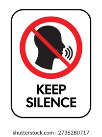 A high-impact vertical vector information sign designed to enforce quiet zones and noise-restricted areas within a facility. The design features a bold white background with a prominent black 
