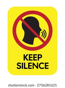 A high-impact vertical vector information sign designed to alert users to quiet zones and noise-restricted areas. The design features a vibrant yellow background with a bold 